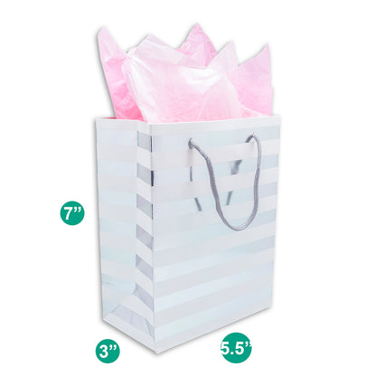 White and Silver Striped Gift Bags (12-Pack)
