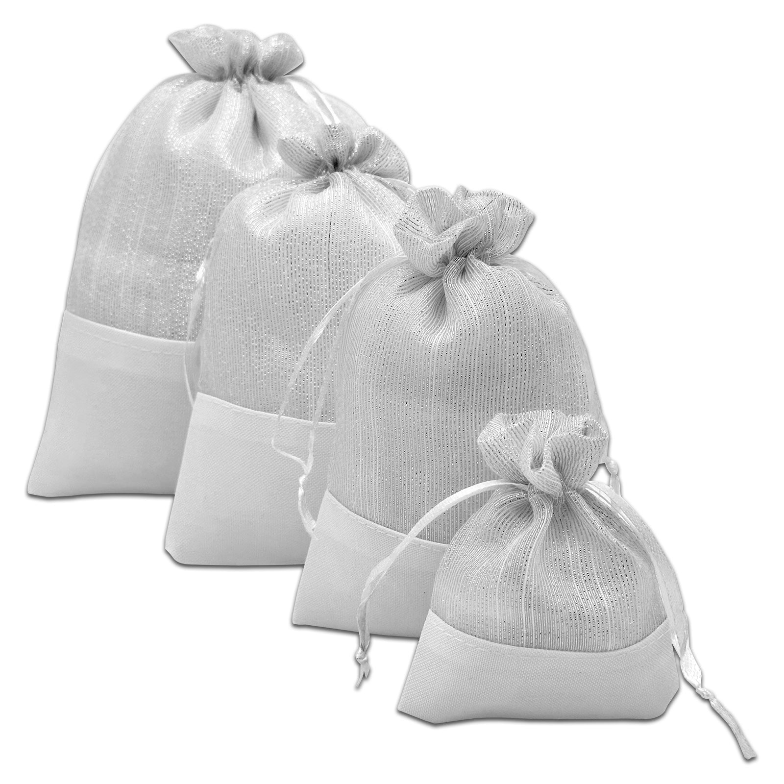 White Organza and Linen Drawstring Pouch Gift Bags JPI Display