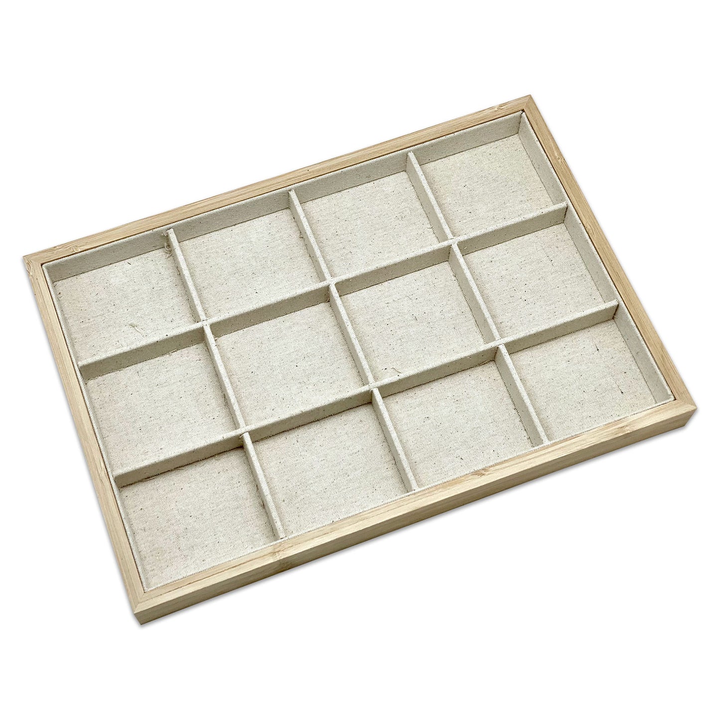 14" x 9 1/2" Wood and Burlap 12 Compartment Jewelry Display Tray