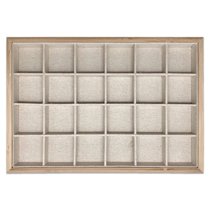 14" x 9 1/2" Wood and Burlap 24 Compartment Jewelry Display Tray