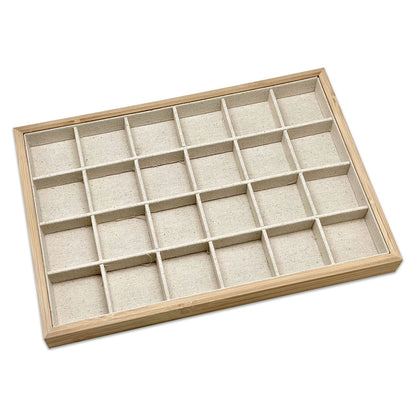14" x 9 1/2" Wood and Burlap 24 Compartment Jewelry Display Tray