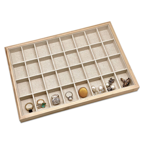 14" x 9 1/2" Wood and Burlap 32 Compartment Jewelry Display Tray